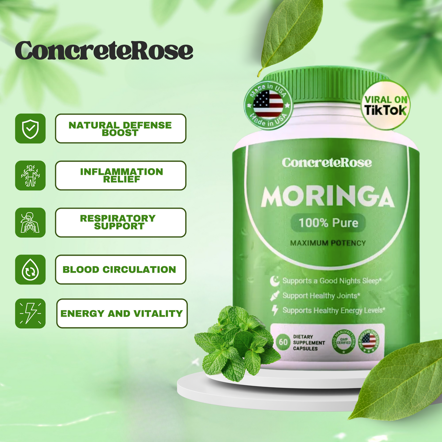 100% Pure Moringa Leaf Capsules (60ct)