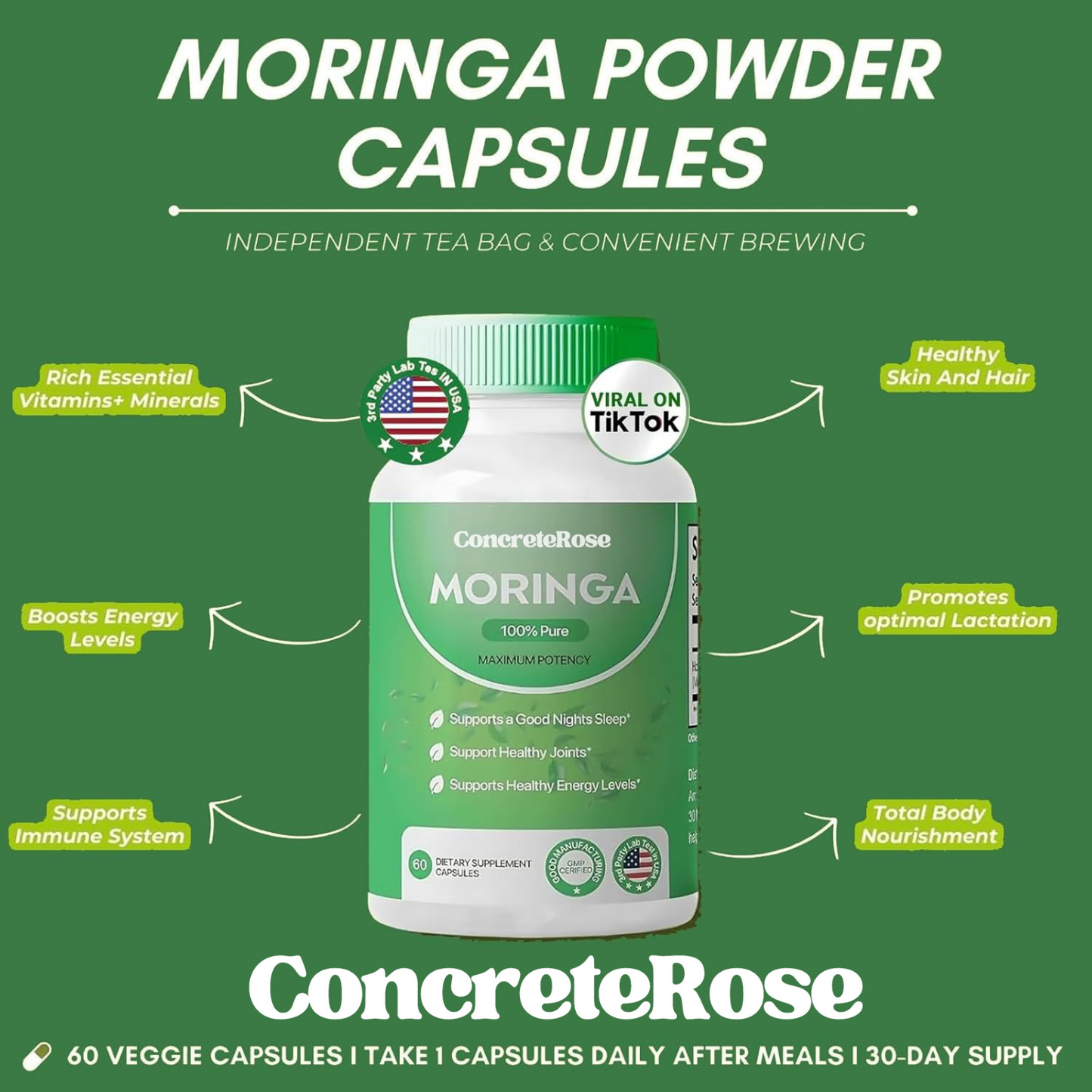 100% Pure Moringa Capsules (60ct)